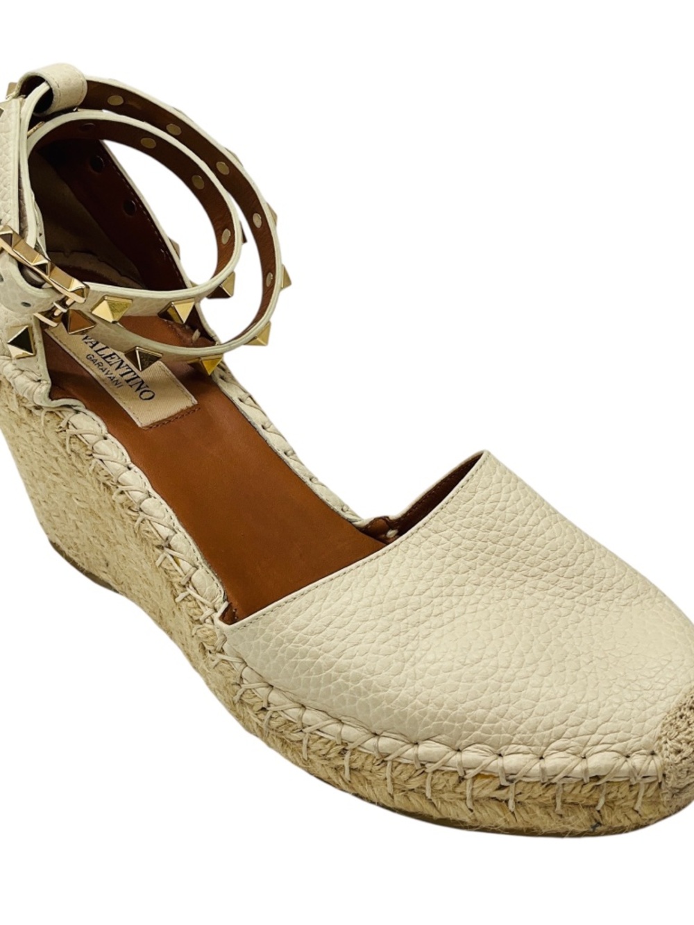 VALENTINO CREAM / GOLD ROCKSTUD GRAINED LEATHER ESPADRILLE WEDGE SHOES